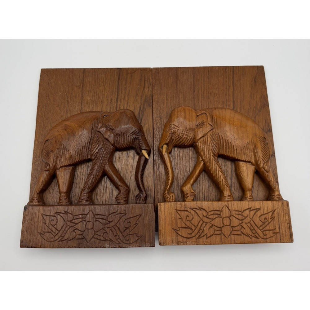 Vintage Wooden Carved Elephant Folding Bookends Set of 2 Brown Hand Carved